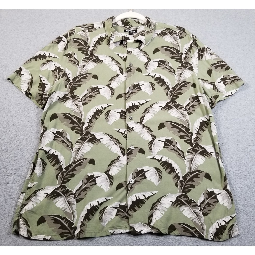 Express Button Up Shirt Mens L Large Green Tropical Palm Leaf Short Sleeve Camp
